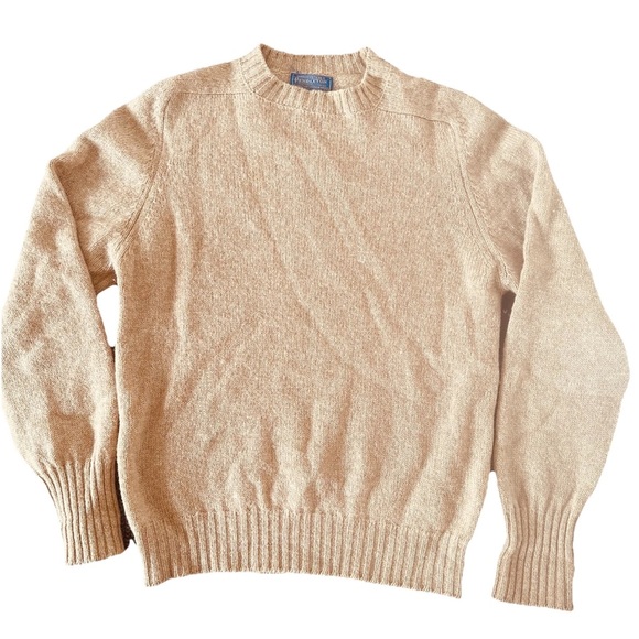 Vintage Pendleton 100% Shetland Wool Sweater Mens Cream Tan Crew Neck USA Made - Picture 1 of 8
